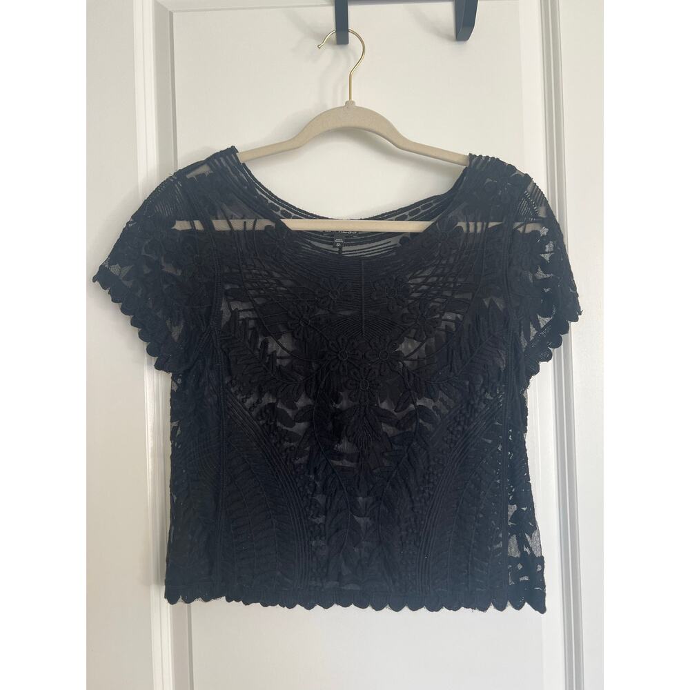 Express Black Lace Detail Crocheted Sheer T-Shirt, XS